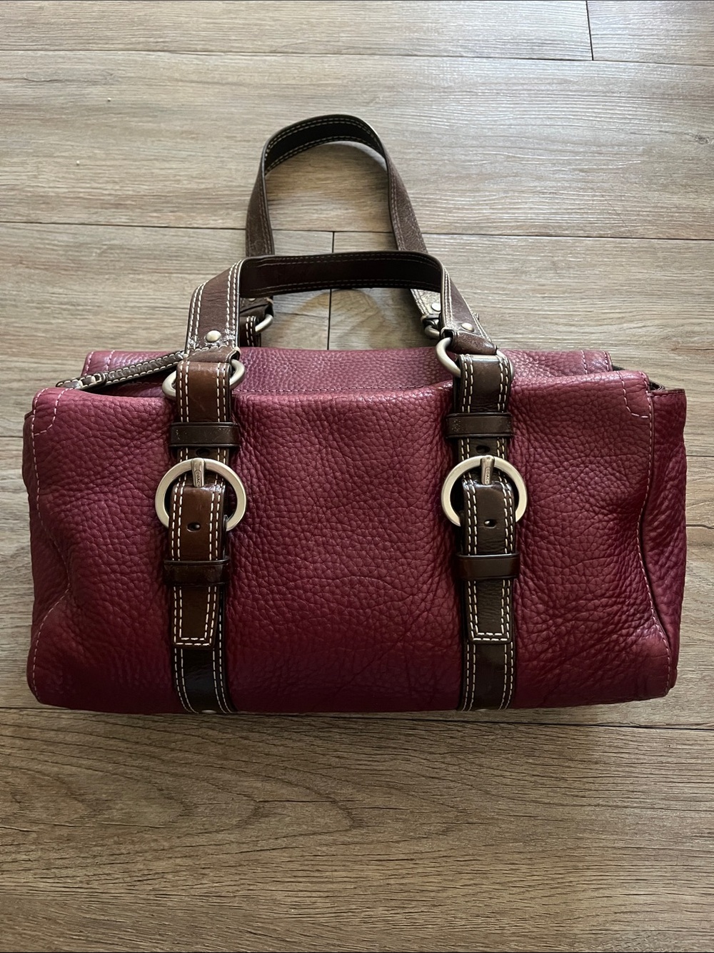Coach Chelsea Leather Satchel Bag in Plum with Contrast Brown Straps